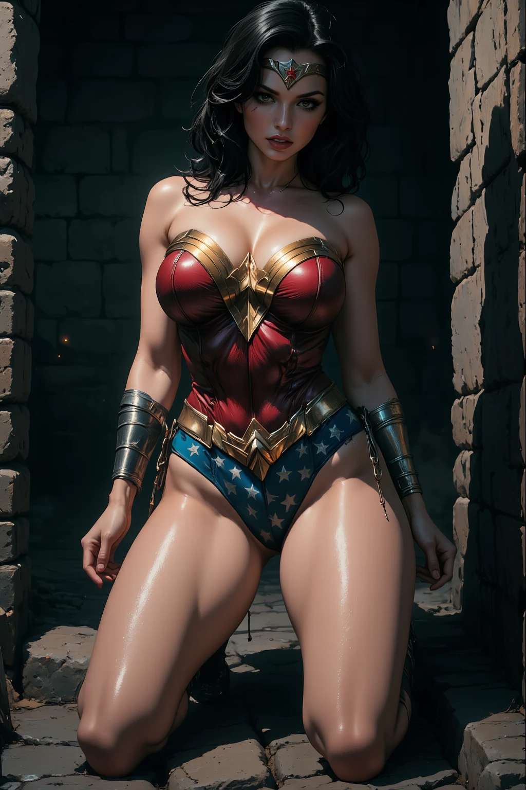 (( roupas rasgadas, roupas esfarrapadas, Your clothes are torn, your clothes are tattered, his pantyhose are torn)) sem calcinha, no-bra. WONDER WOMAN SUPERHEROINE, maduro, Ela tem 45 anos. She's screaming in terror, She's terrified, She's crying a lot. ela tem cabelos escuros, ela tem cabelos compridos. is exposed, seu corpo oferecia, is offered for sale, in the pigsty. She's wearing a bandage belt., she's using 7/8 meias rede. Your socks are torn. urando uma renda de fita de empregada. Capturado, Sequestrado, abandonado, Torturado, escravizado, envergonhado. tied with arms above head and legs apart under a large metal frame. She screams and screams to call her enemies and beg for mercy and bursts into tears. em seguida, The ropes run down the middle over her back through her married sleeve swimsuit to tie her legs just above her knees and ankles. Vestindo um obsceno, Apertado, decotado, Sleeveless swimsuit torn in tatters. Wearing a grosted metal necklace around the neck. Seus tornozelos, your wrists and neck are fastened with chains. Forced into prostitution. ( She doesn't shave, Ela tem muito cabelo nas axilas, She has a lot of hair in the pubic area. your clothes are wet, your pubis is swollen.(Sua urina corre pelas pernas dela, dripping on the floor. It has a large puddle of urine on the floor ) ((barefoot. bare-legged)). She's hurt, Ela tem hematomas por todo o corpo, she's scratched. Jurando uma renda de fita de empregada.