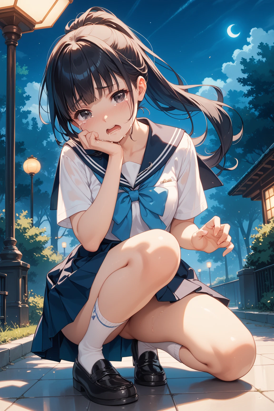 (master piece:1.4),Hypal Quality, Hyper Detailed,Perfect drawing,。.。.。.3D,16K illustrations、(((clearface)))、Hi-Res、1 persons、femele、(((Knees wide open)))、(((Crouching)))、(((Cigarettes in the mouth)))、Asian、(((Long Black Hair)))、bangss、(((Whitening skin)))、(((Pure white lipstick)))、((eyeshadows:1.3))、Raised corners of the eyes、(((Outrage:1.2)))、((Pull the chin))、(((squinted)))、((Kamimei:1.3)),((glares:1.4))、((half-opened mouth))、((Wrinkles between the eyebrows))、(numerous piercings in the ears)、(((Breakdown)))、(((White sailor suit)))、(White theme:1.3), (Fusion of white sundress and white uniform:1.4), ((White pleated skirt, long skirt of white color,,,,):1.5), (White shirt with blue sailor collar:1.4), (Short sleeve: 1.2), (Light blue ribbon:1.3), (White skirt with blue line:1.2), ((White Buggy Socks:1.3, lowfers):1.2),(((White pleated skirt,Maxi skirt:1.3)))、A lot of thin rings on the wrist、80shair、Slums、Detailed drawing、Perfect Photo、Shot diagonally from above