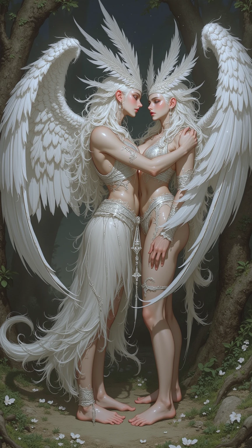Sisters, Milky Way, Crescent Moon, Meteor Shower, Silver Hair, Feathered Angel Wings, Elven Ears, Transparent Finish, Realistic Body Lines, (((Many long white lace veils flutter in the wind))),((Red tattoo with womb under the navel))))), (Silk gold and silver lingerie), ((((Dirty crest)))