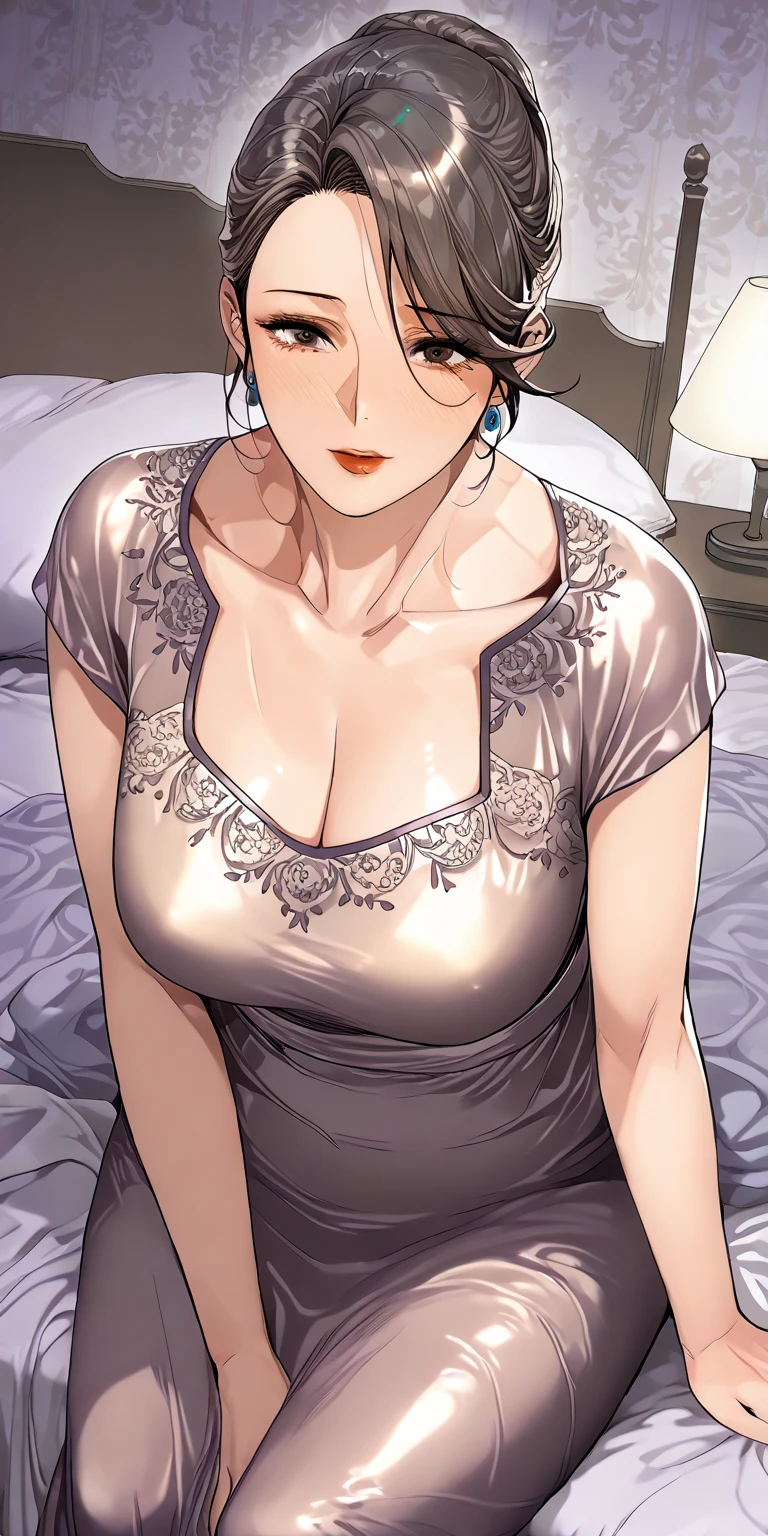 ((((masterpiece, best quality, high resolution)))), very detailed 8K, Beautiful woman with voluptuous body, (Ultra HD, very detailed, very detailed, very realistic, surreal, realistic photo), (1 woman:1.5), (realistic brown hair), (short wavy hair, headdress, earring), (dynamic pose), towards the camera, looking at viewer, (red blushing red, embarrassing, laugh), (hazel eyes, piercer), (big perky tits:1.2), (Beautiful detailed face, beautiful detailed eyes), ((white lace lingerie, thin material)), (lie flat on the bed:1.3), sweat, glow, (sunlight, sunlight), ((cowboy shot)), bedroom, slightly open lips, wet body, plump, symmetrical breasts, perfectly balanced body, clean and elegant face, ((Voluptuous breasts and developed butt muscles)), Natural and beautiful arms and fingers, facial expression of orgasm, ((black eyes)), ((thick eyebrows)), 