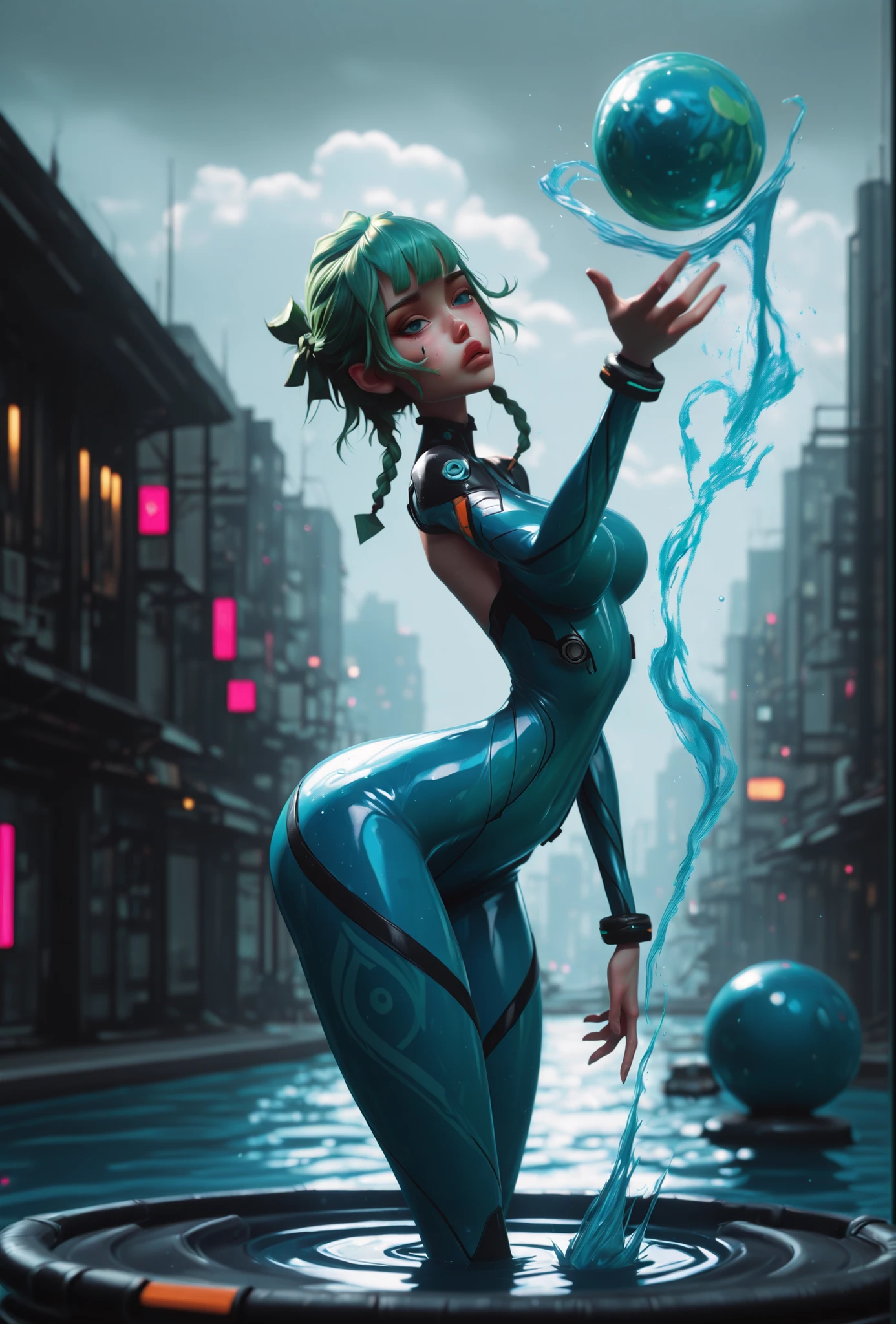 A sensual girl with bright green hair, divided into two braids thrown over her shoulders, vibrant blue eyes, wearing a futuristic bodysuit made entirely of water, with a visible texture of flowing water Lucid that reflects light. She's in a dynamic pose, with a raised hand channeling a sphere of bright and swivel water, ready to launch. Her body has firm legs, seios firmes, arched back and lower back, wide hips contrasting with an extremely thin waist. The scene takes place in a humid and futuristic city, with streets glowing with moisture, under a cloudy and gray sky, with a misty atmosphere and diffused light. The style is realistic, with vivid details and rich textures, vibrant colors and dramatic lighting that highlights the watery texture of the suit and the energy of the water sphere."