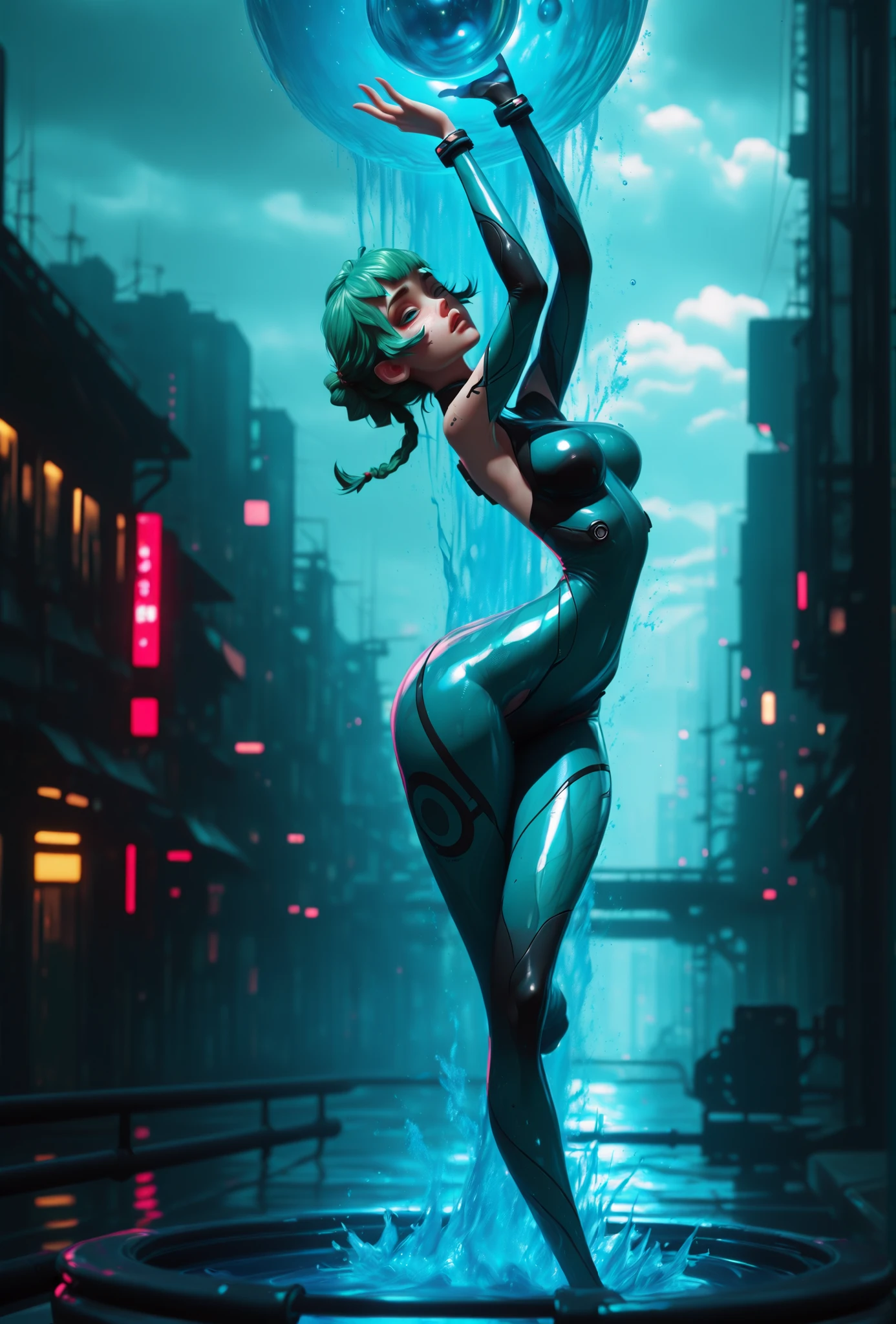 A sensual girl with bright green hair, divided into two braids thrown over her shoulders, vibrant blue eyes, wearing a futuristic bodysuit made entirely of water, with a visible texture of flowing water Lucid that reflects light. She's in a dynamic pose, with a raised hand channeling a sphere of bright and swivel water, ready to launch. Her body has firm legs, seios firmes, arched back and lower back, wide hips contrasting with an extremely thin waist. The scene takes place in a humid and futuristic city, with streets glowing with moisture, under a cloudy and gray sky, with a misty atmosphere and diffused light. The style is realistic, with vivid details and rich textures, vibrant colors and dramatic lighting that highlights the watery texture of the suit and the energy of the water sphere."