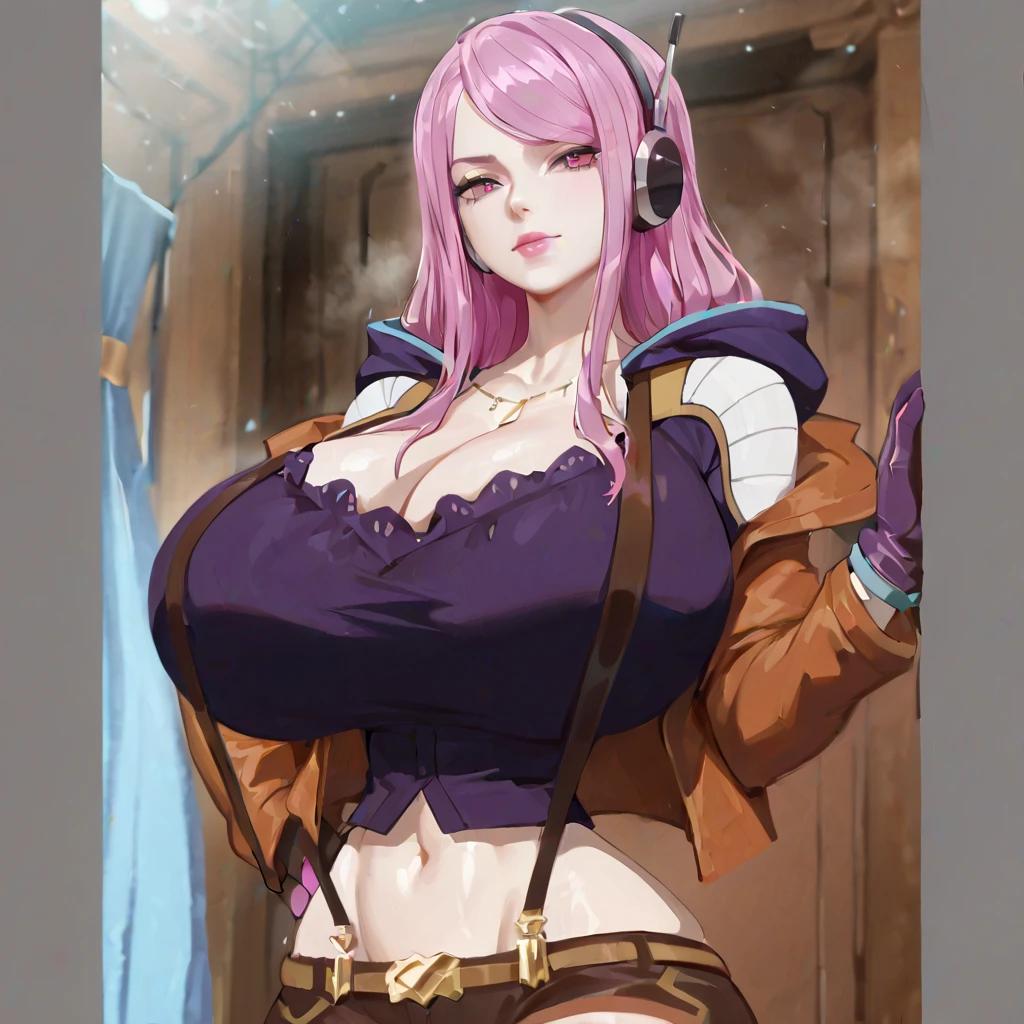 A pink haired female cowgirl with violet eyes with an hourglass figure in a conservative cowgirl outfit is sitting on the roof of a wild west home at night with a big smile
