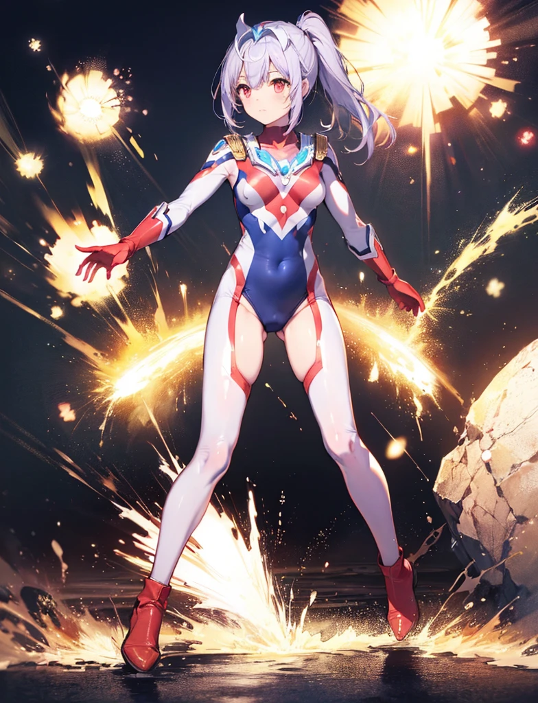 realistic,highest quality, ultra detail, High quality CG drawing, The most delicate and beautiful, Floating gently, High resolution, (1 girl), (Highest image quality,4K,8K,masterpiece:1.2) ,light purple hair,Rabbit,Bunny ears,long hair,red eyes,(ultra girl:1.0),(red ultraman bodysuit:1.4),red gloves,red shoes