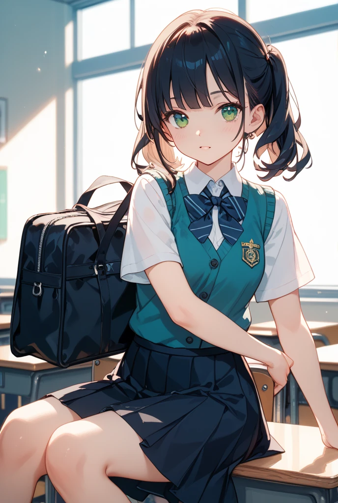 (masterpiece, best quality:1.37), highres, ultra-detailed, ultra-sharp, BREAK, Japanese school girl model, 1girl, (black hair, short hair, bangs), blue eyes, jewelry, earrings, piercing, BREAK, ((detailed school girl uniform:1.5), (detailed collard sailor shirt:1.3), (yellow tie:1.3), (dark-green pleats skirt:1.3), lovely look, detailed clothes), grin, light smile, parted lips, pink lipstick, BREAK, standing, look back, from behind, cowboy shot, detailed human hands, HDTV:1.2, ((detailed school room background:1.3)), 8 life size, slender, anime style, anime style school girl, perfect anatomy, perfect proportion, inspiration from Kyoto animation and A-1 picture,