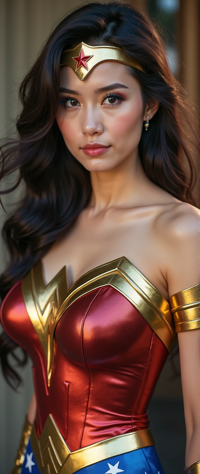 8k, Realistic, (masterpiece), best quality, ultra-detailed, detail face detailed skin tone,  high-resolution, (indian girl),(wonderwomen costume dress)+(very big breasts:1.1), half-body, beautiful face,(glowing skin🔥:1.2+extremely detailed skin)+[ warm lighting and vibrant colors🌟:0.9 ], dynamic pose,bright eyes,