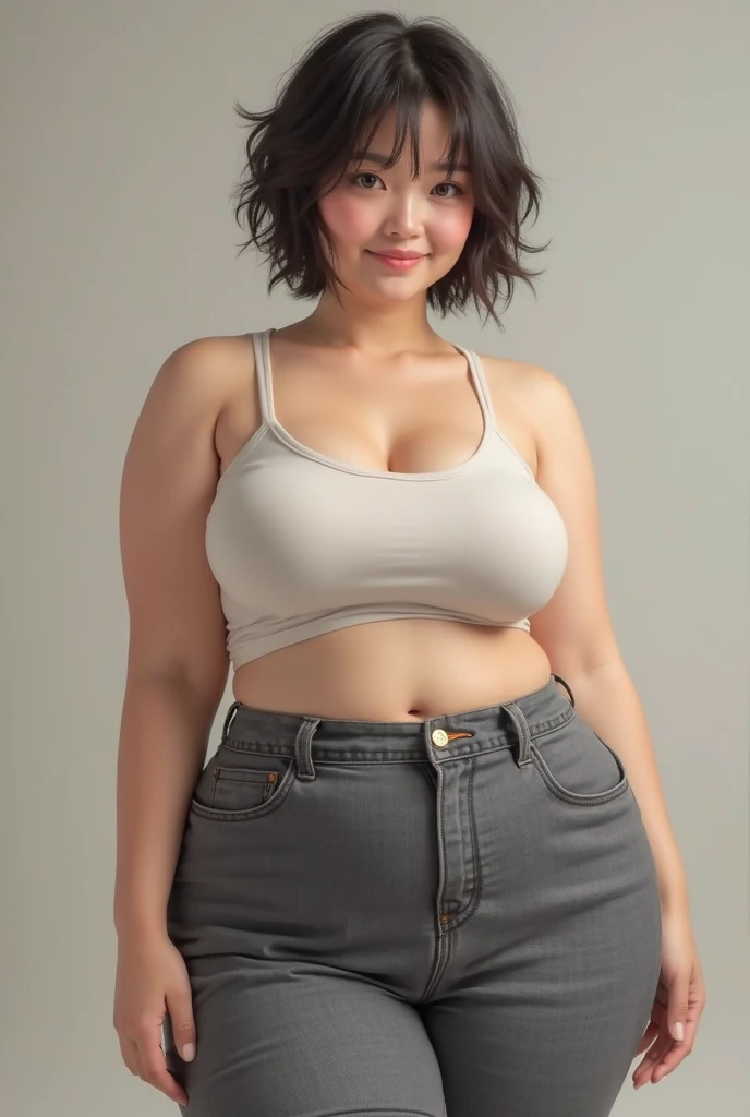 black medium hair,wavy hair,(armpit focus),(close up),saggy and gigantic breasts,(laughing),(sleeveless cotton blouse),28 years old,arm up,(black armpit hair:1.1),thick upper arm,standing in dark back alley,dark offstreet,(curvy body:1.3),(denim short pants),seductive and mature woman,beautiful and adult face,japanese woman,(at dark midnight:1.5),earing,