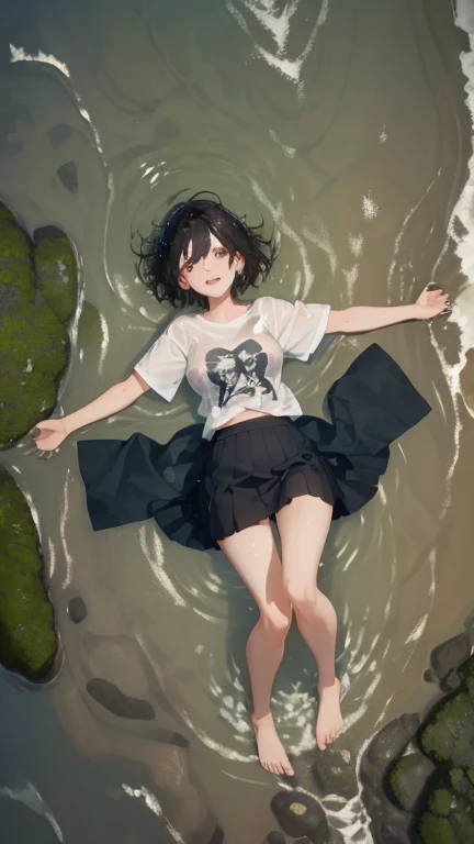 1girl,Stream,Moss,small pebble,Forest,Short Skirt,???,Happy,Water,Bubble,paddy field,