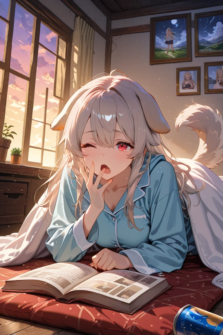 Painting Style - Manga) (Bed at home) (Character - Cat-eared girl) (Hairstyle - long hair + White hair color+Cat's ears) (Costume - pajamas with floral prints + Quilt)(More so big white cat)