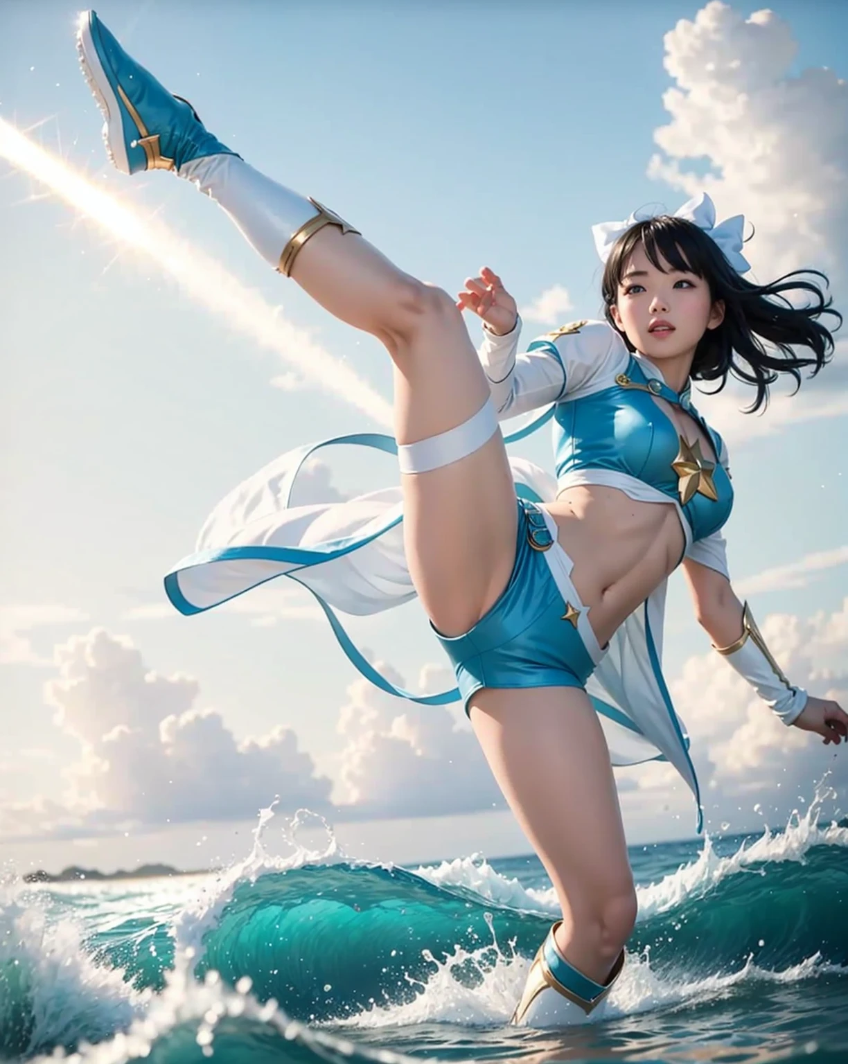 A girl dressed like a flying squirrel flying over the forest and lake、((Girl flying in the sky))、smile、Multicolored Hair、Open your hands、((sky diving))、belly button、bikini、Cleavage、Colorful ornaments、((Angle from the sky))、Angle from the ankle、