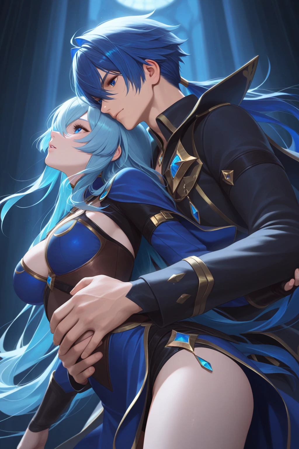 ((Highest quality)), ((masterpiece)), (detailed), （Perfect Face）、The woman is an Exstia, a transforming heroine with semi-long blue hair.、The man is the evil leader, Naioro, a handsome man with medium-long blonde hair and a black bodysuit.、A woman and a man are hugging and kissing while having sex