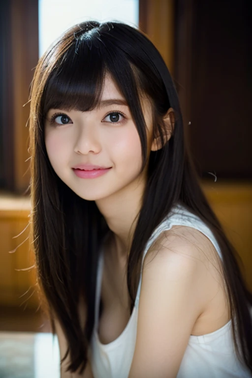 masutepiece, Best Quality, 8K, 15yo student, Teen, Raw photo, absurderes, award winning portrait, Smile, Smile, Solo, Night, neons, Idol face, violaceaess, gardeniass, Delicate girl, Upper body, Digital SLR, Looking at Viewer, Candid, Sophisticated, zora々Right, Thin arms, Professional Lighting, Film grain, chromatic abberation, (Eyes and faces with detailed:1.0), (Bokeh:1.1) , huge-breasted ,bed , Side view