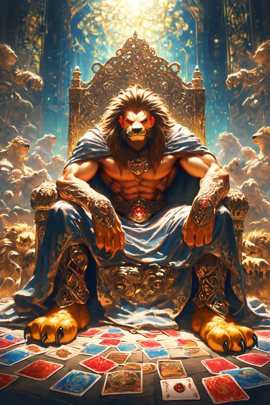 Aztec warrior with a jaguar's head in his hand, the Aztec sitting on a throne