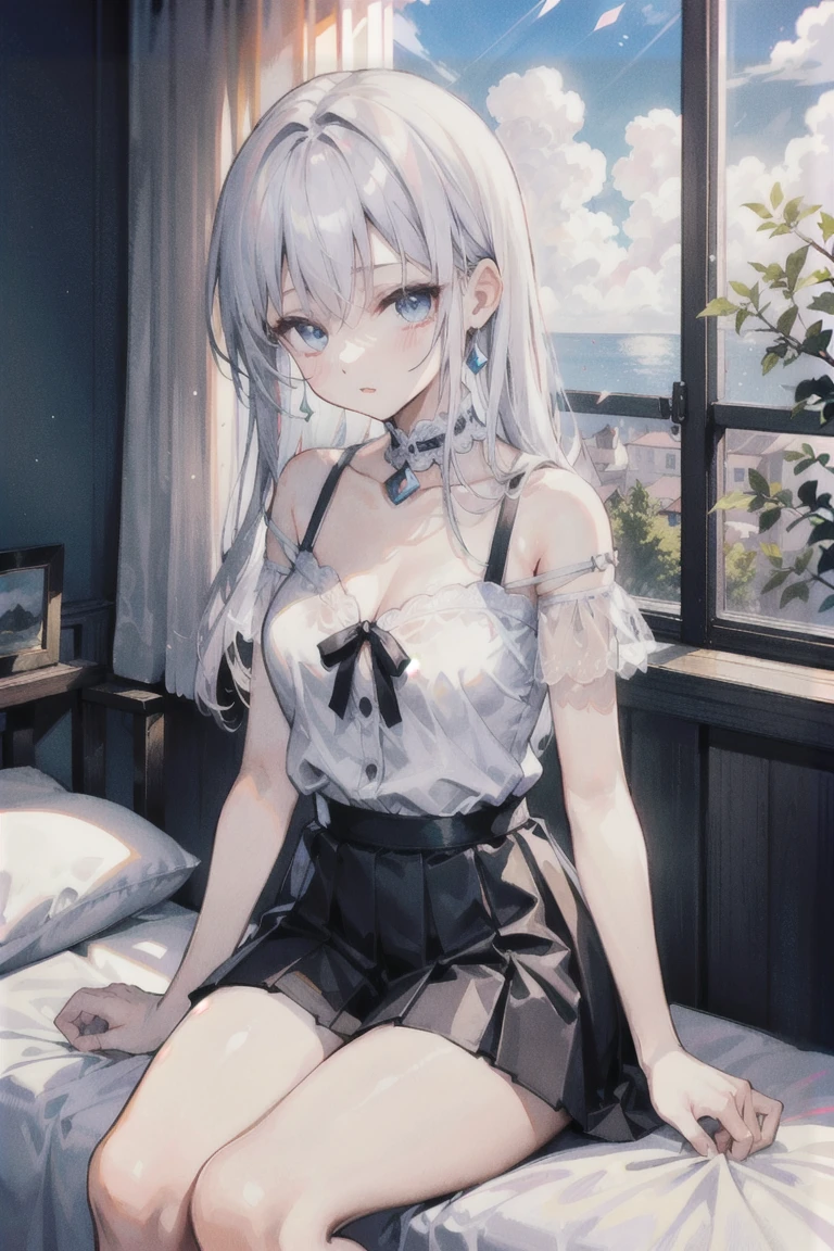 (masterpiece, side illumination, finely detailed beautiful gray eyes: 1.2), masterpiece*portrait, realism, 3d face, shiny skin, long white hair, bangs