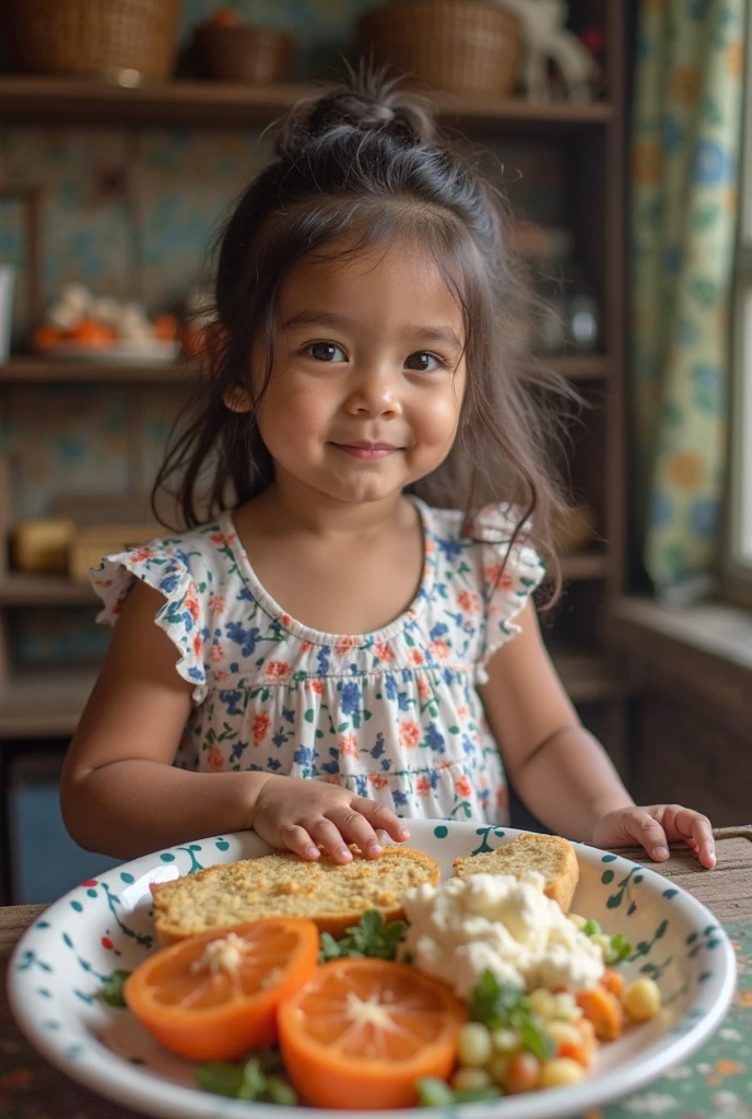 girl between 10 and 12 years old in white shirts with a  having breakfast