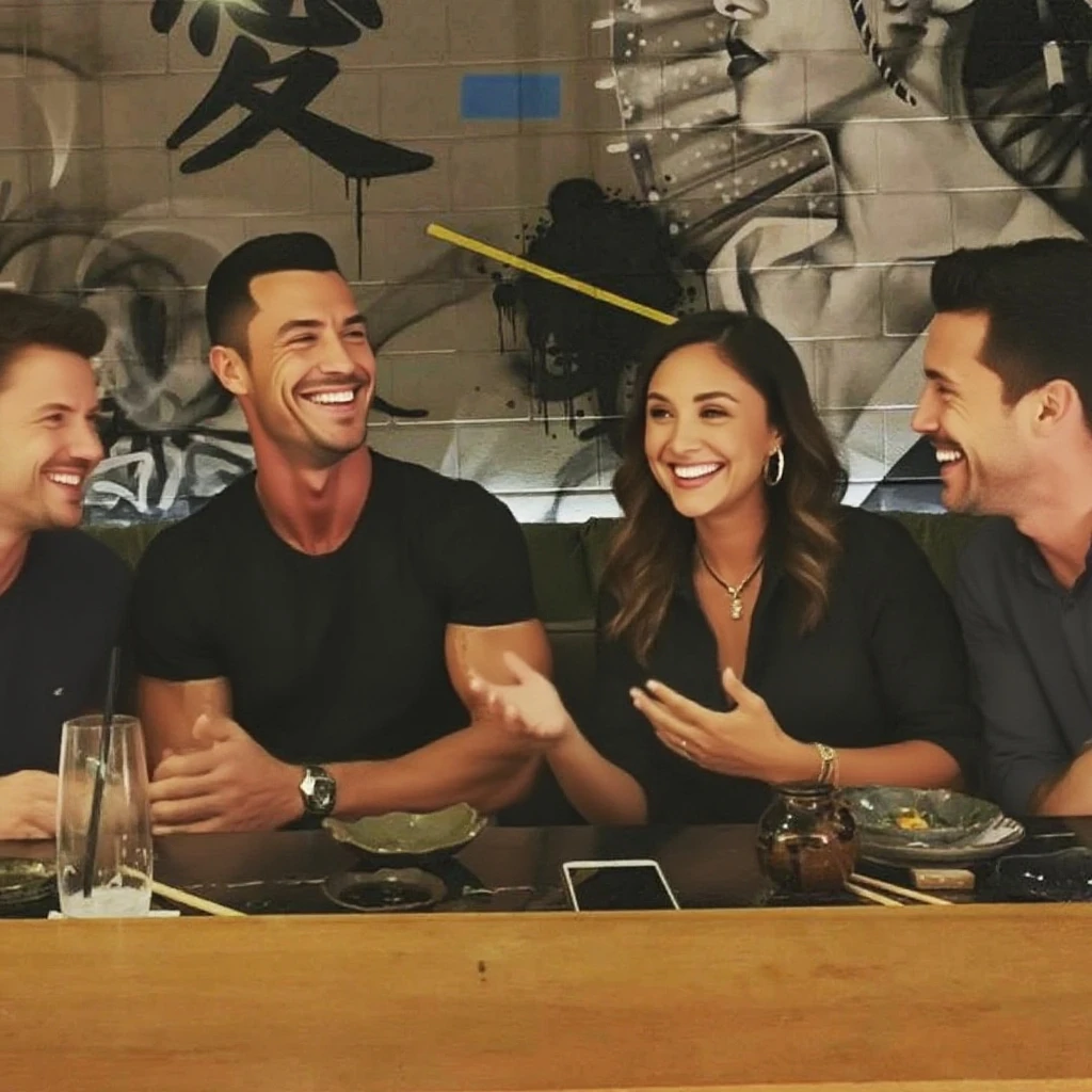 4 friends. The first is white, the barbital, beer belly, cowlick, 30years. The second is low, black brown, pot-bellied and bald 40 years old. The third is Arabic, barba, the eyes, quite white, Cao Cao, 30years. The room is white, strong, dente torto e 30years.