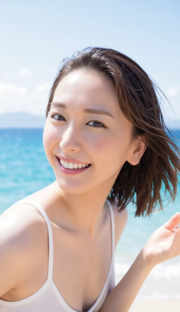 ((最high quality, 8K, masterpiece: 1.3)), (close:0.75), Realistic, Sharp focus, high quality, High resolution, Japanese,Huge Busty Woman、46-year-old middle-aged woman、Chubby body type、Mature woman with huge breasts （Wearing sexy lingerie), ((Very strong sunlight)), smile, Short brown wavy hair,A close-up of a woman kissing the camera on the beach with her eyes closed、Image of cleavage emphasized by bending forward、