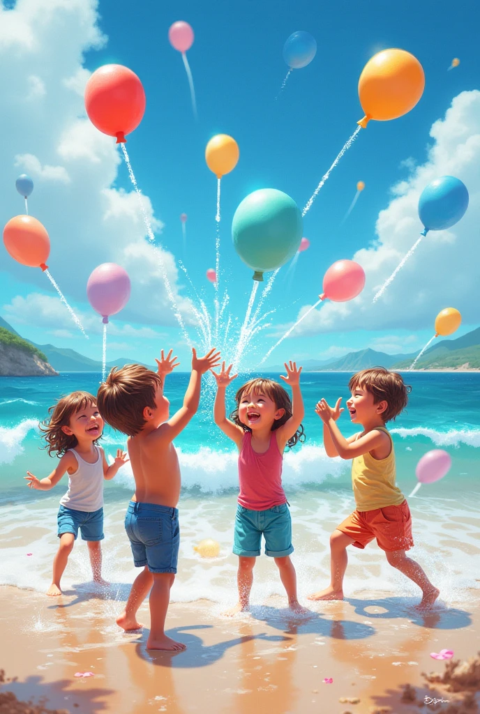 Children of both genders with balloons on the beach with their backs to the camera