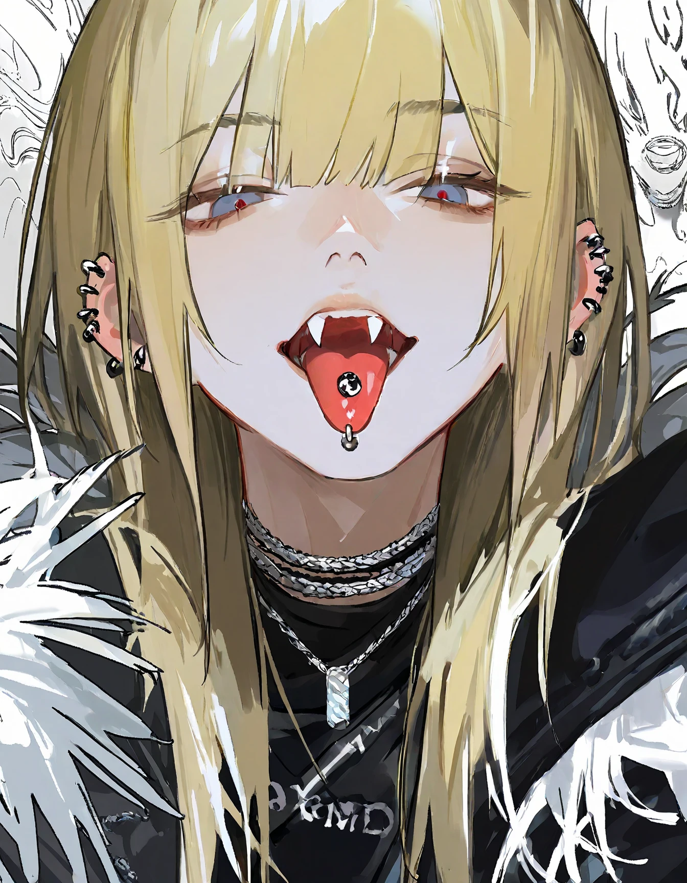 (masterpiece:1.2)、Highest quality、PIXIV、Rebellious girl、One girl、Open your mouth、鋭いteeth、teeth、Long Hair、Street background、gem、badge、ボタンbadge、Food、Blue Eyes、Earrings、Jacket、eyelash、Foodを下にして、Upper Body、Characters in clothes、zipper、collar、cable、chain、Stickers、hoodie、smile、Focus on the viewer、Chest in the center、Shoulder Bare、Belly button、Black and white hair color,leaning forward,Cyberpunk city,Night view,Black and white grey outfit,cum on tongue