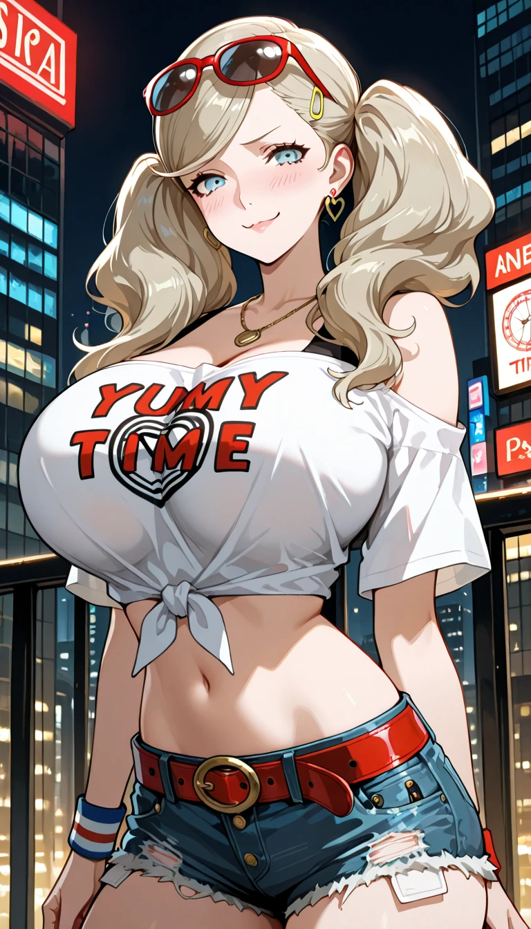 1990s \(style\), retro artstyle, 1990s anime cels style, best quality, high resolution, magazine cover, (city), smile, ;D, 1girl, (dark skin), blonde hair, twintails, (huge breasts:1.2), azuki, gyaru, tied shirt, open clothes, leopard print bikini, cleavage, clothes around waist, pleated skirt, (from side:0.8), earring, choker, navel, bracelet, pose