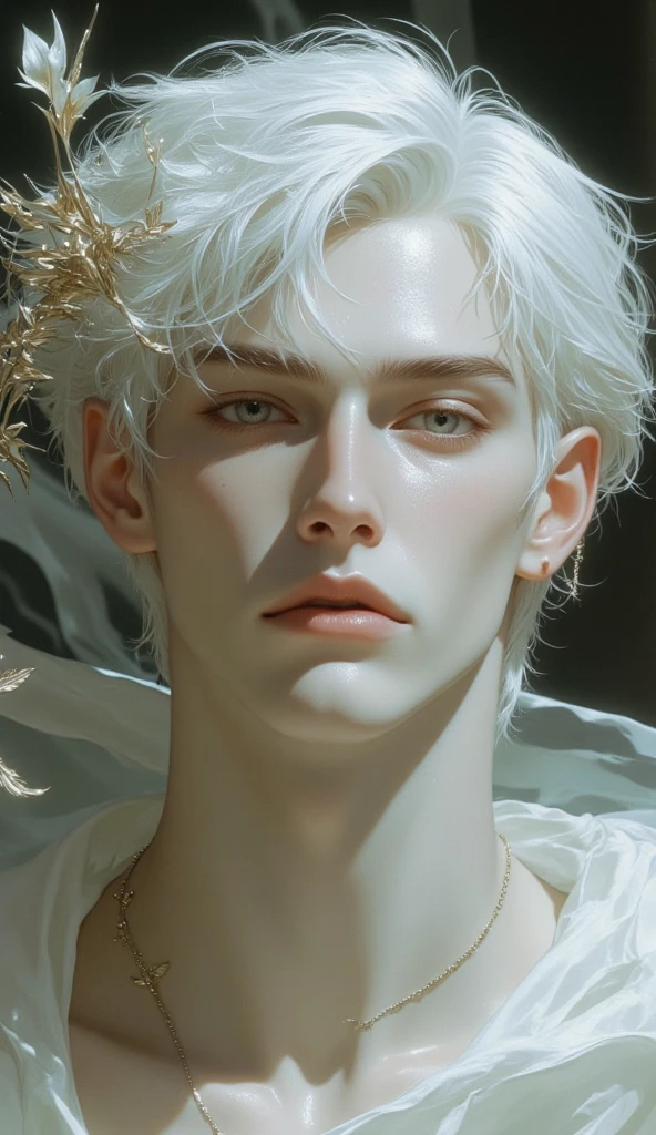 white hair boy，White eyelashes，Golden pupils，White skin of the，Elongated neck，Bandage wrapping，wounded，emaciated，Chu Chu pitiful，dim murky lights，Scared expression，Tears
