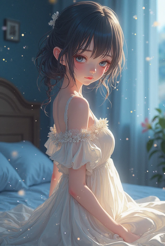 A anime girl sitting in bedroom with night dress