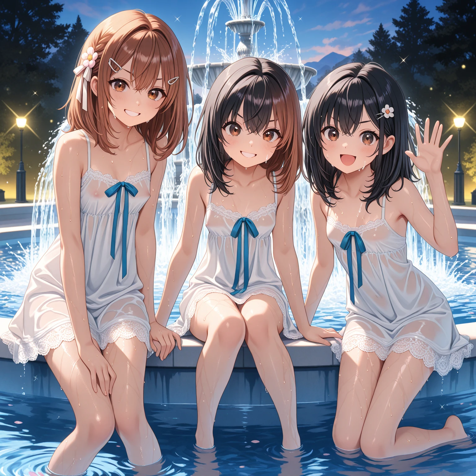 Super detailed, best quality, High resolution, Moe anime, ((((Three cute little girls with black hair are sitting.)))), (baby face), ((Big eyes:1.5, drooping eyes:1.5)), cute eyes, view audience, pale skin, NSFW, focus on the face, ((The upper body is in transparent lingerie and the lower body is naked.)), (Nipples are clearly visible:1.5), Navel exposed, bare shoulders, ((flat chest)), at the pool, (short cut hairstyle:1.5), from slightly below