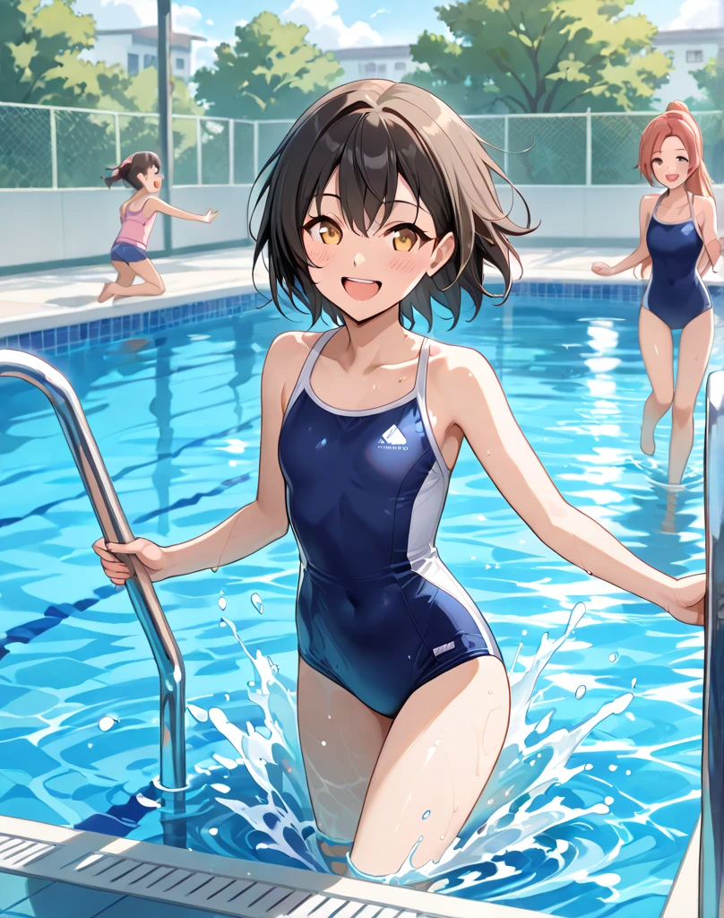 highest quality、High resolution、detailed background、masterpiece、(Highly detailed beautiful face:1.3)、teenage girl、(5 women)、navy blue school swimsuit、brown hair、braided bob、cute braided hairstyles、realistic、attractive thighs、
(Five beautiful girls in school swimsuits are having fun in the school pool.:1.5)、
playfully splashing water on each other、innocent smile、open your mouth and laugh、Swimsuits that glow when wet、the whole body is wet、Hair is also wet、cute