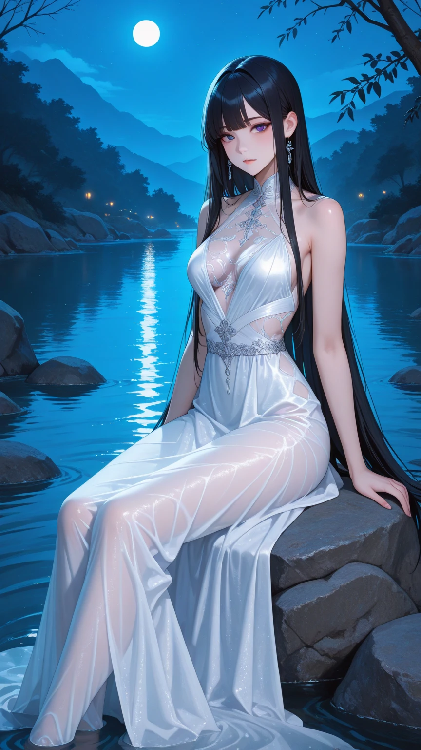 masterpiece、realistic style、slim body shape、very long purple hair、Beautiful woman、white bikini armor、Sleeveless light blue see-through Celtic dress 1:5、Light blue see-through long skirt、medium breasts、 (perfect body) transparent nipples、dignified expression、Moonlight night、Standing on the lake、dark fantasy Different world