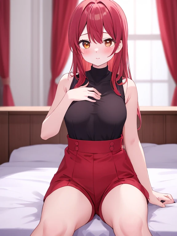 1girl, woman, bra, midriff, tight midi pencil skirt (black), long length pencil skirt, long brown hair, looking at viewer, full body, smile, blush, bedroom, socks