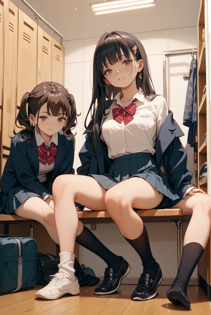 highest quality,masterpiece, ((2 girls:1.5)), (cardigan), Put your knees on your chest:1.5, (smile:1.5), ((high school student)), ((classroom:1.5)), blush:1.3, (White panties:1.5)