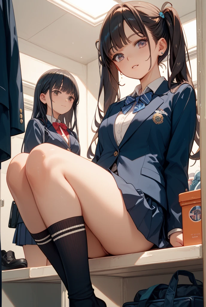 One Woman、One Man、beautiful girl、Brown-haired boy、Beautiful Youth、after school、evening、high school girl、School Nameplate、Blazer uniform、Pleated skirt、Black knee-high socks、Long Hair、In front of the school gate、Highest quality, Thick thighs、Big 、Big Ass、White panties、White bra、Black Hair、The girl has an excited face、A crowd going home from school、Squatting with legs apart、Take off your blazer and roll up your clothes