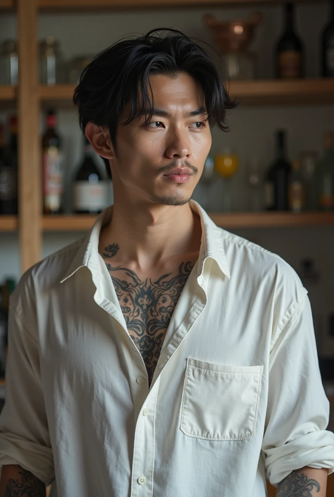 a dark man,Cao Cao,long dark hair,brawny,full of tattoos,with a dress shirt