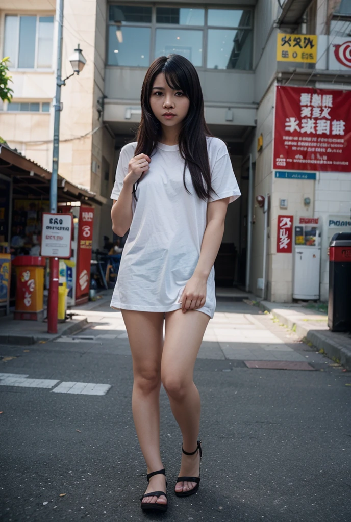 ((No clothes))、Completely naked、A girl walking under the cherry blossoms in an old Japanese street,Thick pubic hair,Small nipples、Slender body、Being thin、Long, slender legs、Leather shoes,socks,school bag,12 years old,Young Face、bangs,A small smile,Thighs,knees,Low ponytail with barrette,From below,Front light