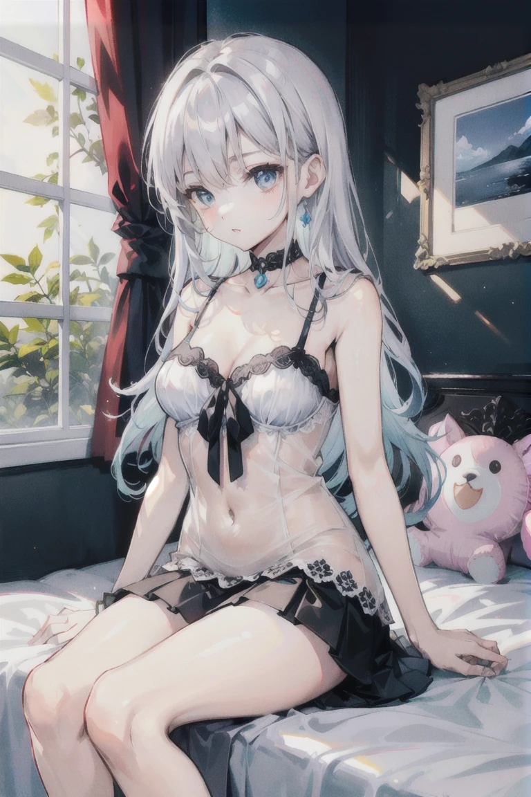 one,((Black bra、Black Thong、Black nail polish))、(The setting is that she wears thongs)、(White hair color、Light blue-silver inner color hairstyle), Beautiful Hair, Facial Contour, Remember, Hotel, moonlight、splash, Lens flare,, Natural Color, High resolution, Very delicate, Very detailed, 8k,、Shyness,((Sexual))、Lying in bed