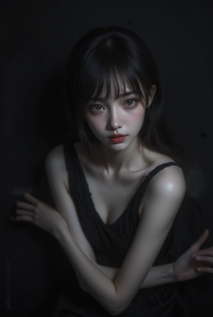 A white woman, gothic , with a low-cut neckline, and her hands over her heart, She misses a love, her face is covered by her hair that falls over her face, straight and tied hair, She wears a black dress,she is about 20 years old