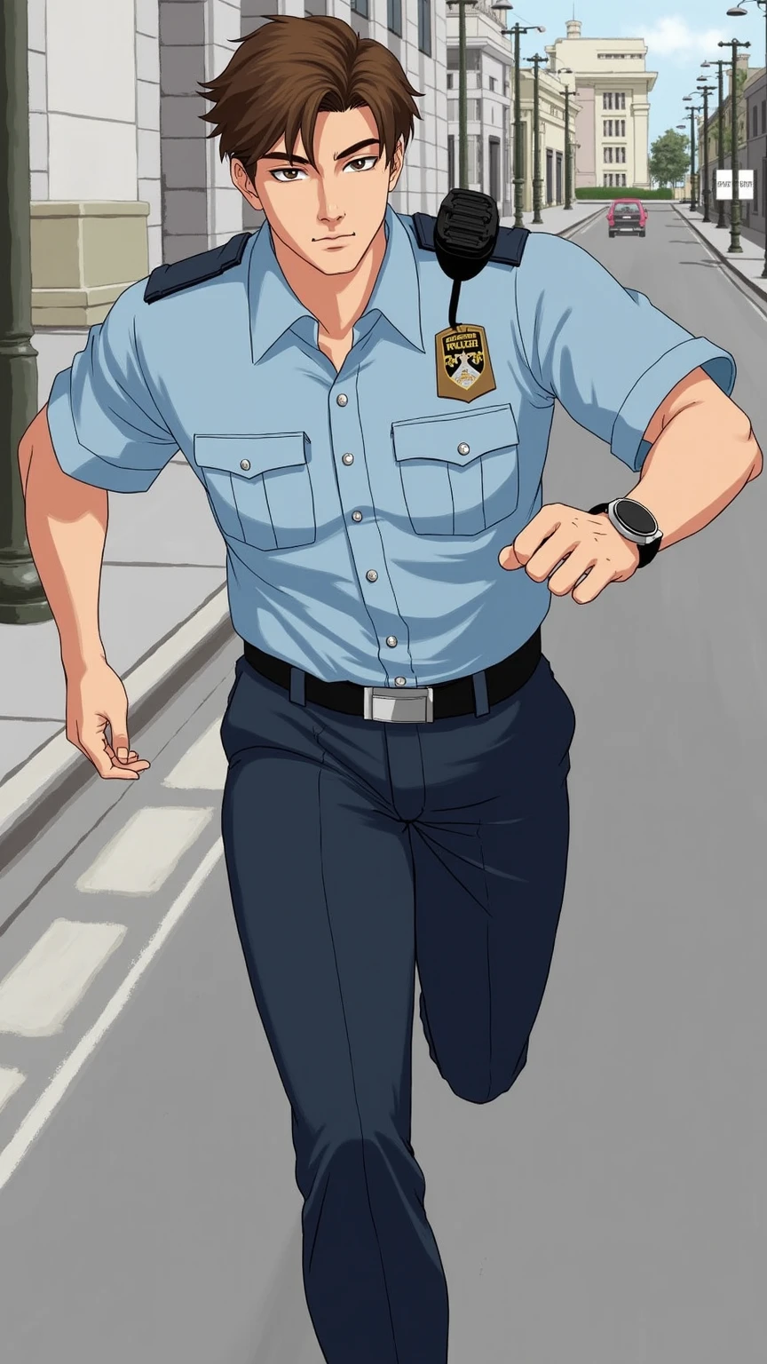 score_9, score_8_up, score_7_up, score_6_up, perfect anatomy, perfect proportions, best quality, masterpiece, high_resolution, high quality, aesthetic, absurdres, (male focus), solo male, adult, mature, masculine, manly, handsome, charming, alluring, cowboy shot, dutch angle, source_anime, anime coloring, Yoshiyasu Matsubara, GSPYoshiyas, buzz cut, very short hair, two-tone hair, grey/black hair, black eyes, sanpaku, wrinkle, GSPYoshiyas_outfit02, Japan Ground Self-Defense Force uniform, JGSDF uniform, JGSDF collared shirt, white collared shirt, short sleeves, tucked shirt, JGSDF Colonel rank slides, dark rank slides, rank insignia, dark necktie, JGSDF pants, dark blue pants, two-tone pants, side stripe pants, (simple white background), from below, low angle