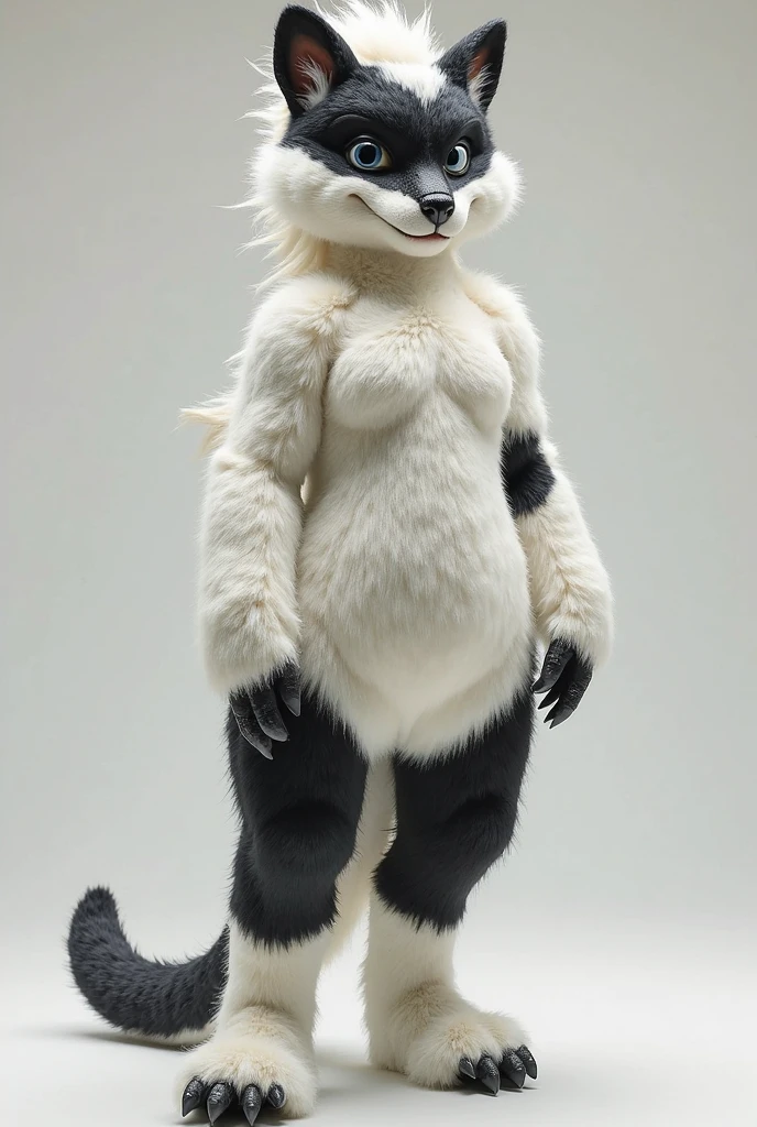 (realistic:1.2) anthro female goth wolf, long grey fur, sharp teeth, (perky breasts:1.3), black leather choker, black studded bracers, topless, black leather skirt,