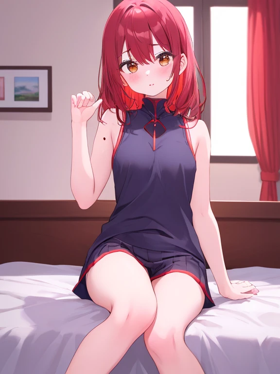A Female robot is sleeping in bedroom, spread legs, nude, banzai pose. she wears no dress. She Brown short hair is tied with two big red clothespins, She lifts up the under hem of her white plain dress, leaning over, masterpiece, very short pigtails,brown hair, mature, android, blue eyes, full body figure, Height: 160cm, flushed cheeks, 2020s anime picture, A beautiful robot with short brown hair in two short pigtails held up by two very large huge red clothespins, Uplifting, No NSFW, whole body, barefoot, archaic smile, getting orgasm, 25 years old, sweat bucket. 