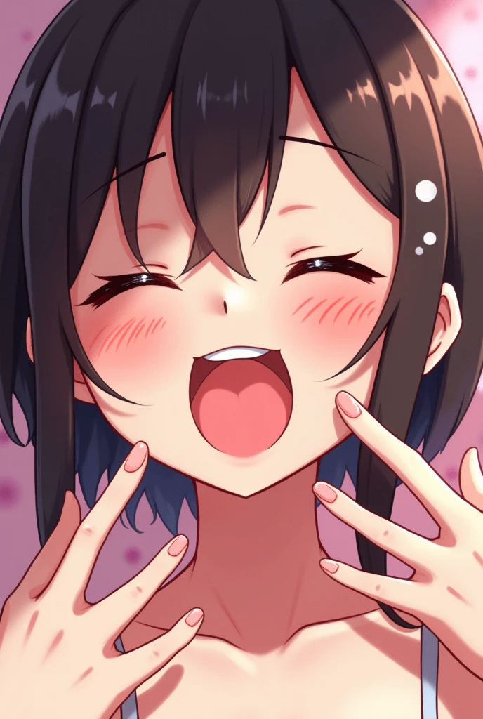 akeno, face focus, detailed face, detailed eyes, blush on face, smiling ,red lips,choker, hair,sperm on lips,penis in mouth,hand on penis, orgasm face ,sucking penis,penis in mouth, tasting penis, exhausted face ,galf closed eyes