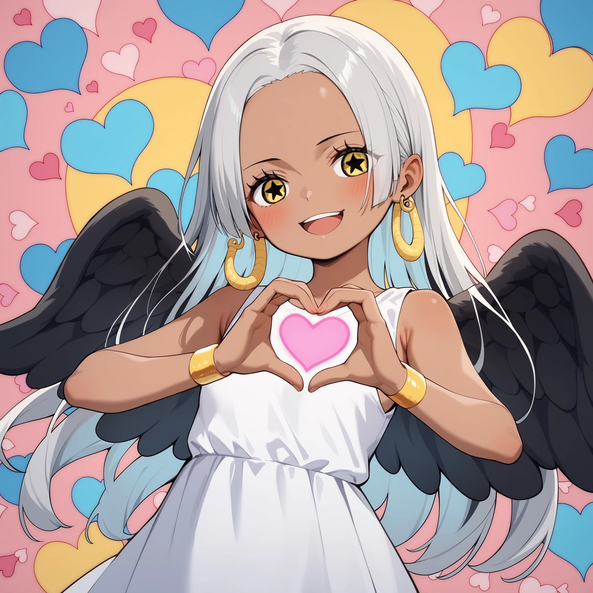 score_9, score_8_up, score_7_up, score_6_up, score_5_up, score_4_up, Source_anime, earsnake, long hair, gray hair, Dark skin, earrings in the picture, yellow eyes, symbol-shaped pupils, black wings, small breasts. sundress, white dress, sleeveless, bracelet , upper body, , blush, heart hand, smile, open mouth, flower background,