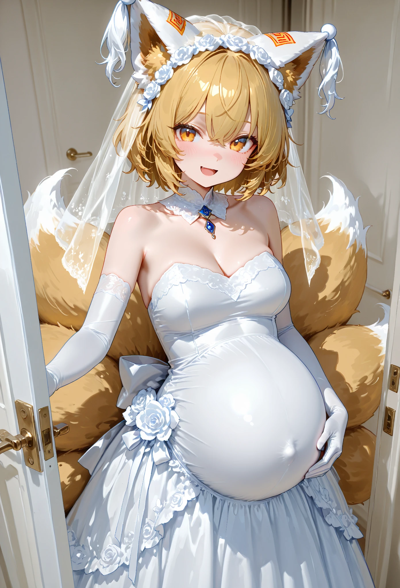Beautiful pregnant female angel, elegant detailed and tight white dress with blue details, blue gems, mature, bunny ears, orange hair, piercing blue eyes, wants to have sex with me, cleavage, fully body shot, angel wings, in the air, flying 
