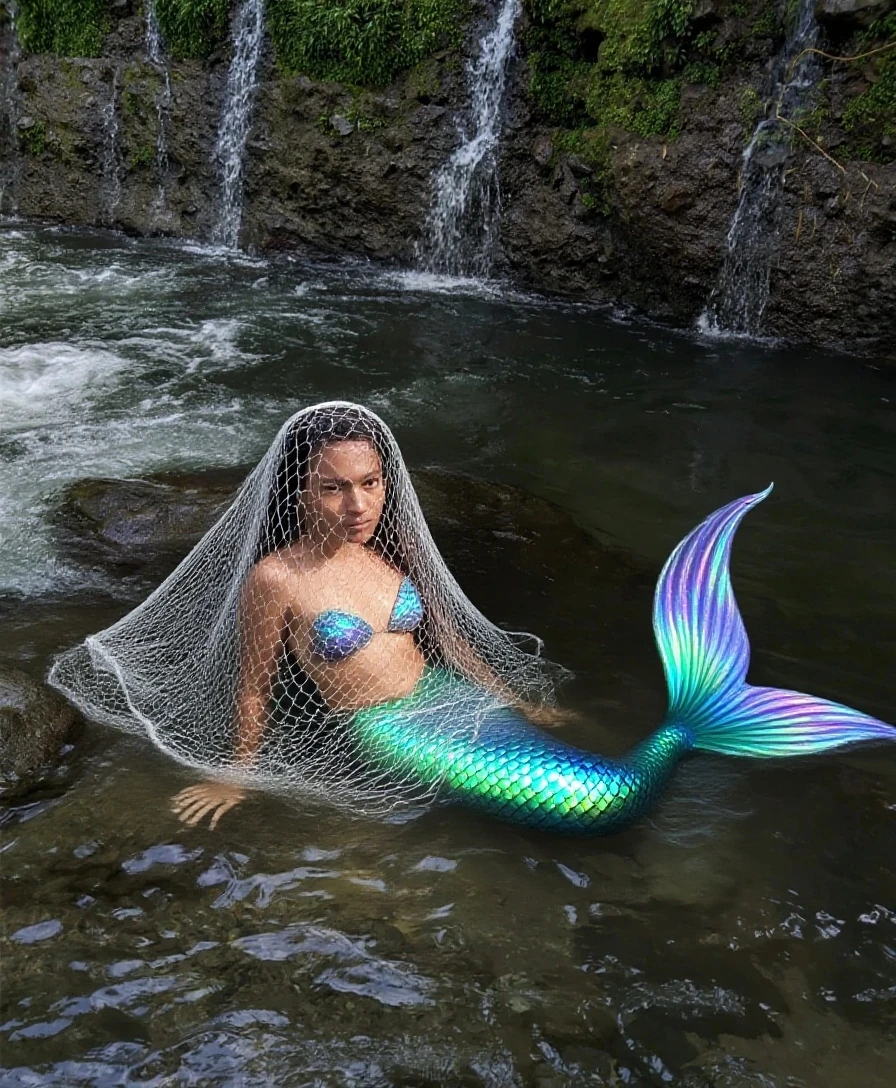 horizontal image, aesthetic light pink with white and green, showing just a pink mermaid tail, in a lake with pink lily pads