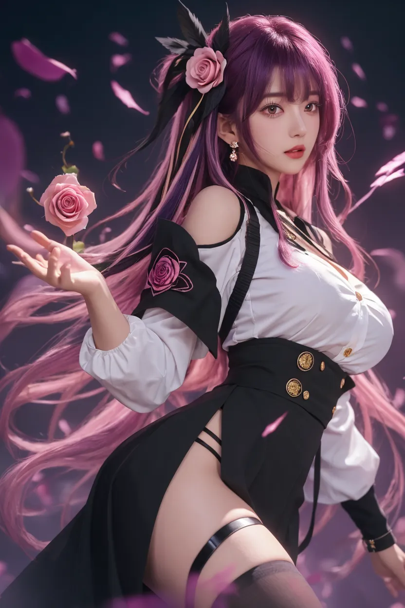 1girl, rabbit ears, animal ears, playboy bunny, wavy light purple hair, fishnets, pantyhose, leotard, detached collar, rabbit tail, pole, tail, wrist cuffs, strapless leotard, solo, white leotard, money, necktie, very long hair, fishnet pantyhose, bangs, strapless, short necktie, medium breasts, blue eyes, lust, shy look, spotlight,huge breasts,mature female,shiny,shiny skin, 16 years old asian girl
