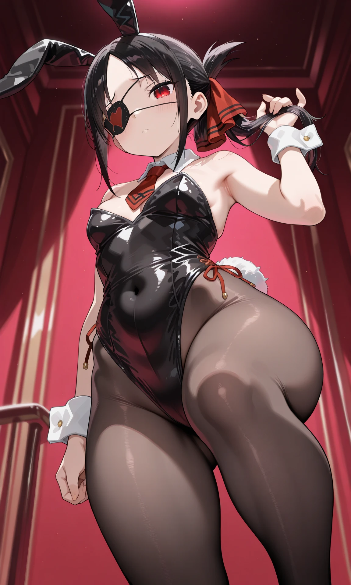 (Huge breasts:1.8),blue sky,((Image from below: 1.5)),(((Black rabbit ears:2.0))),((black bunny girl:2.0)),brown eyes:1.5,beautiful detailed eyes,((A radiant smile:1.5)),((A bow tie:2.0)),Rabbit ears and a tie:1.5,sexly, beautiful, Big eyes, Droopy eyes, Anime-style image of a woman with rabbit ears and a black bodysuit,(black bunny girl:1.5),The best smile:1.5,((Wide Eyes:1.5)),(eye shadow:1.5),(Slightly red cheeks:1.5),(Plump lips:1.5), (strapless:2.0),(Light-reflecting latex:2.0),((Elbow-length black leather gloves:2.0)),Big beautiful eyes:1.5,Cute like an idol, Perfect Skin,((black leather opera gloves:1.5)),(black leather thigh high boots:1.5),((Black Hair:1.5)),((black eye:1.5)), ((Highest quality:2.0)),Perfect Anatomy,(((Highest quality:2.0))), 4K, masterpiece, Very detailed, Studio Lighting,Boob proportions, Fascinating anime, , Very detailed full body, Anime very detailed, Perfect body with realistic shading, have large breasts, Photorealistic perfect body, Smooth anime CG art