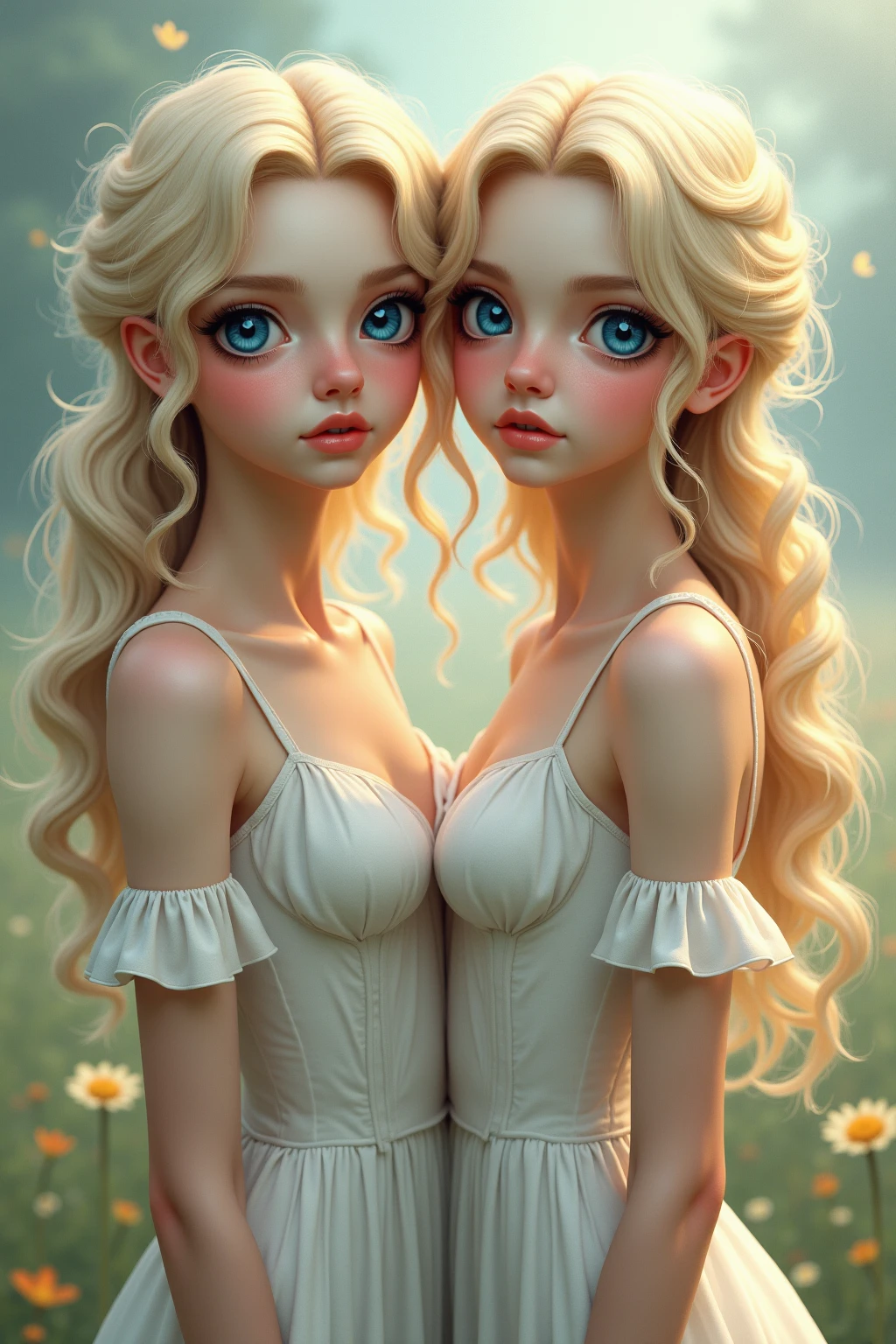 girl, ???, cute girl, white and clear but flushed skin, thin lovely face, dirty white dress, light blue eyes, pink lips, very long slightly wavy dark brown hair, shy nervous expression
