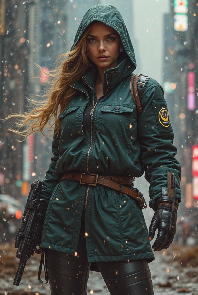 highres, masterpiece, perfect lighting, bloom, cinematic lighting, adult, female, looking at viewer, upper body, 1girl, blonde, camo pants, jacket, military jacket, hands inside pockets, in front of the viewer, bulletproof vest, magazine bags, modern construction site, scars