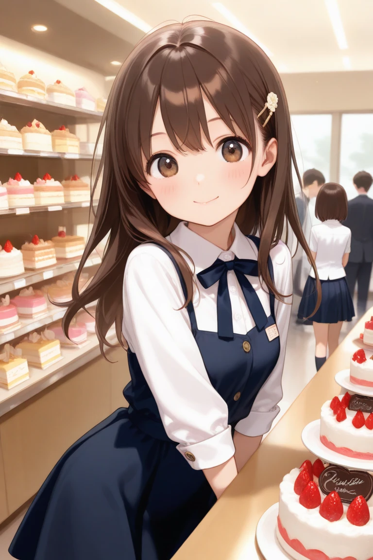 Takagi-san、Shiny brown hair, Straight Long Hair,((Medium chest、Forehead、Center part))、 Beautiful brown eyes、smile、Sparkling eyes, (fine grain)、Very fine eye、Highly detailed face, Highly detailed eyes, Cowboy Shot、


(masterpiece:1.2, Highest quality, Ultra-high resolution, Super detailed),, 

View your viewers, 1 girl, , Perfect Face, (Perfect Anatomy, Anatomically correct), Cute and symmetrical face, Baby Face, , Glowing Skin, 
 Big eyes, Long eyelashes, (Large Breasts), thin, 
((Navy Costume, navy suit vest, White shirt with short sleeve collar, Navy Tight Skirt)), 
(Beautiful views), evening, (Outside the cake shop, have a cake box), (Smile), 