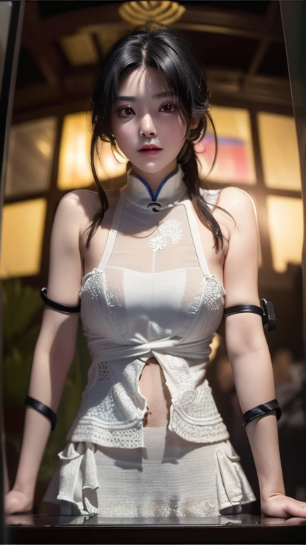 (highest quality, masterpiece, 超A high resolution), whole body、Show your shoulders、Yukata-style see-through idol costume、K-POPアイドルコスチューム、bold、Innovative、Unconventional、Professional camera work:1.4, Very detailedな肌と顔の質感:1.3, Cultivate light effects, Very detailed, Model Body Type、Beautiful girls、attractive appearance:0.8 necklaces、Looking at the audience、Inviting eyes、 Beautiful Face、 (Detailed face:1,5), (Beautiful Eyes:1.5)、belly button、thigh、look back、Beautiful back、Stick your butt out
