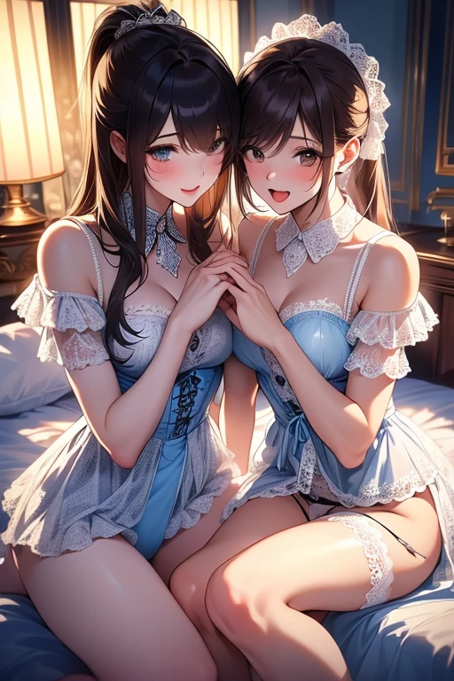 top-quality、​masterpiece、illustratio、full body illustration、extremely delicate and beautiful、Smaller chest、Raw feet、extremely details CG、Unity、8k wallpaper、astonishing、finely detail、​masterpiece、top-quality、Official art、the Extremely Detailed CG Unity 8K Wallpapers、absurderes、incredibly absurdness、huge filesize、ultra-detailliert、hight resolution、ighly detailed、a beautiful detailed girl、extremely detailed eye and face、beatiful detailed eyes、Facial light、(Genshin costume:0.8)、２girl with、Nasty look、mesugaki